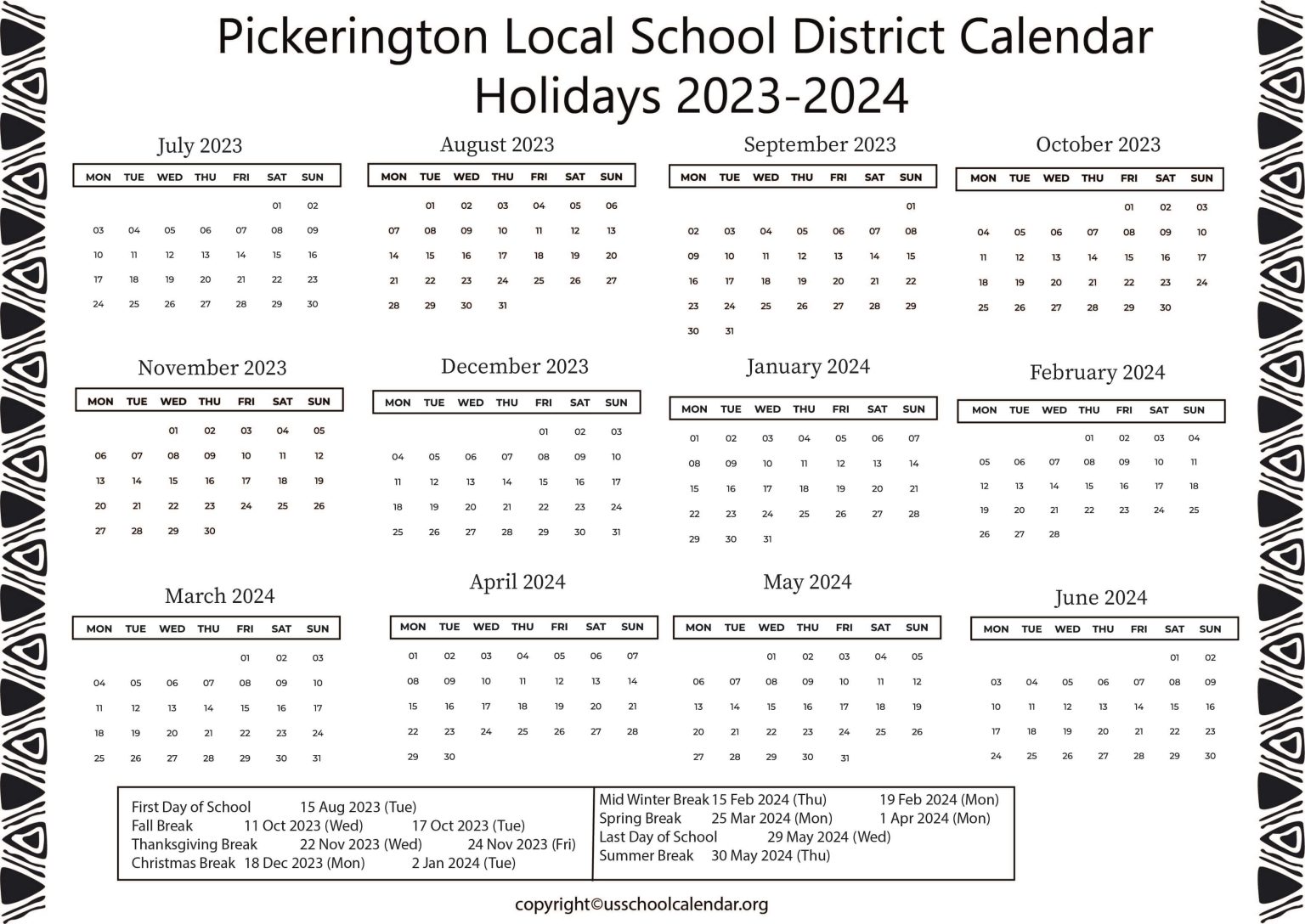Pickerington Local School District Calendar Holidays 20232024