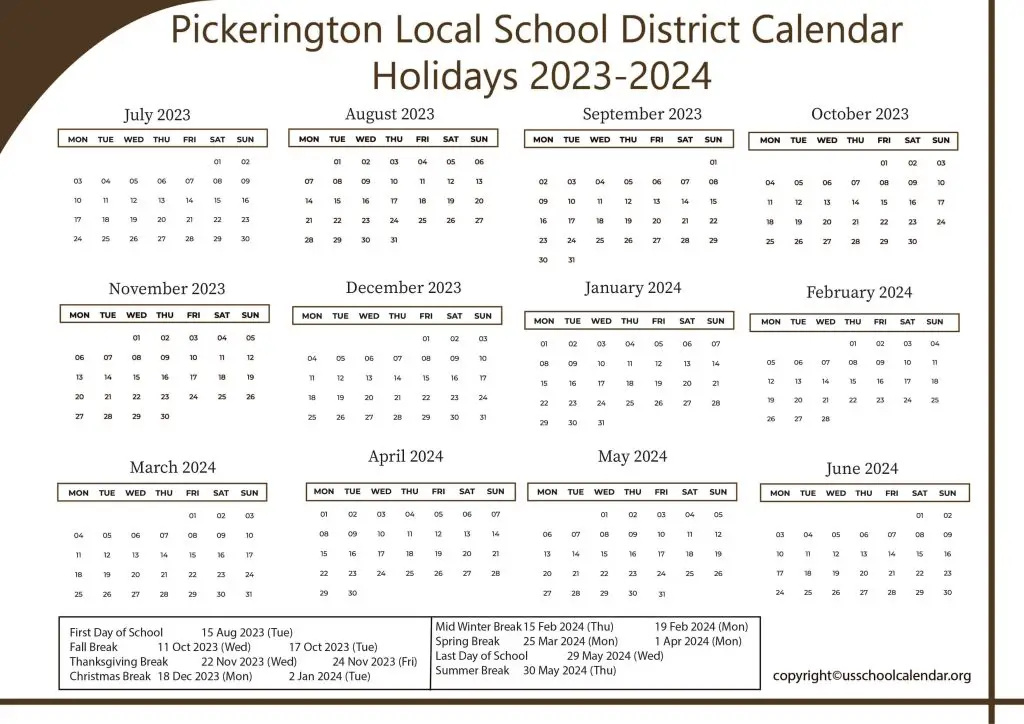 Pickerington Local School District Calendar
