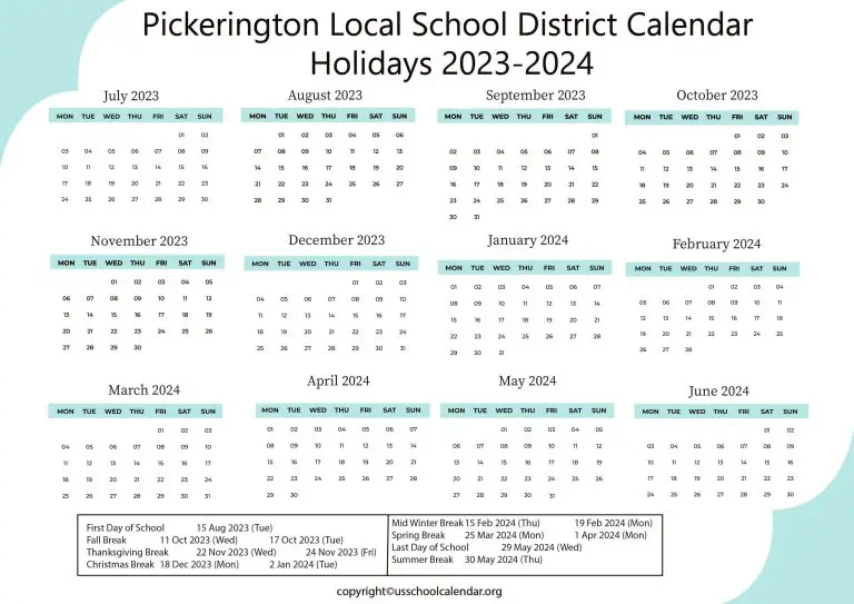 Pickerington Local School District Calendar Holidays 2023-2024