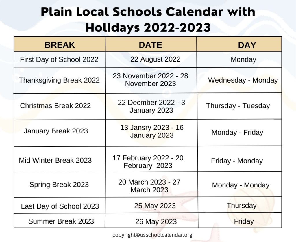 Plain Local Schools Calendar with Holidays 2022-2023