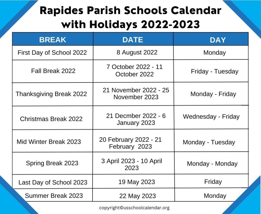 Rapides Parish Schools Calendar with Holidays 2022-2023