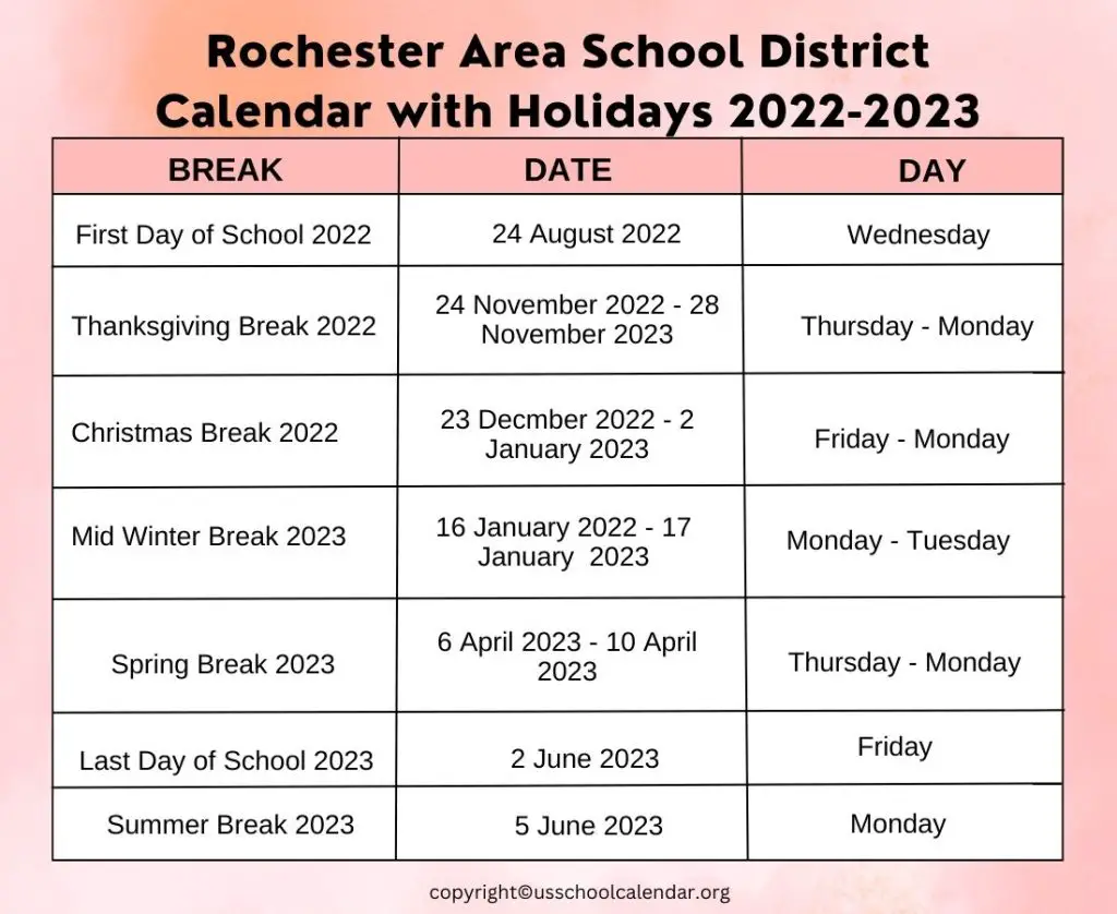Rochester Area School District Calendar with Holidays 2022-2023