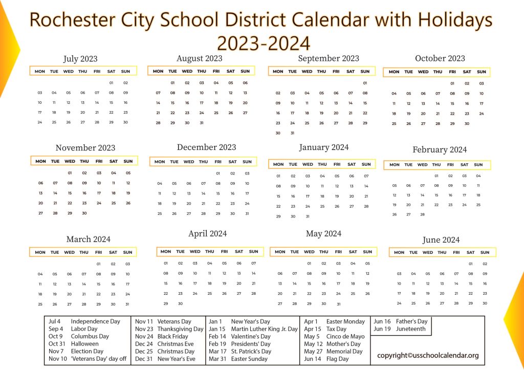Rochester City School District Calendar with Holidays 2023-2024
