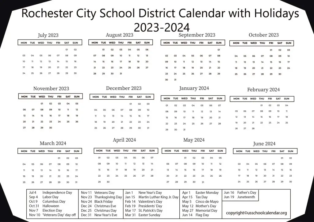 Rochester City School District Calendar with Holidays 2023-2024 3