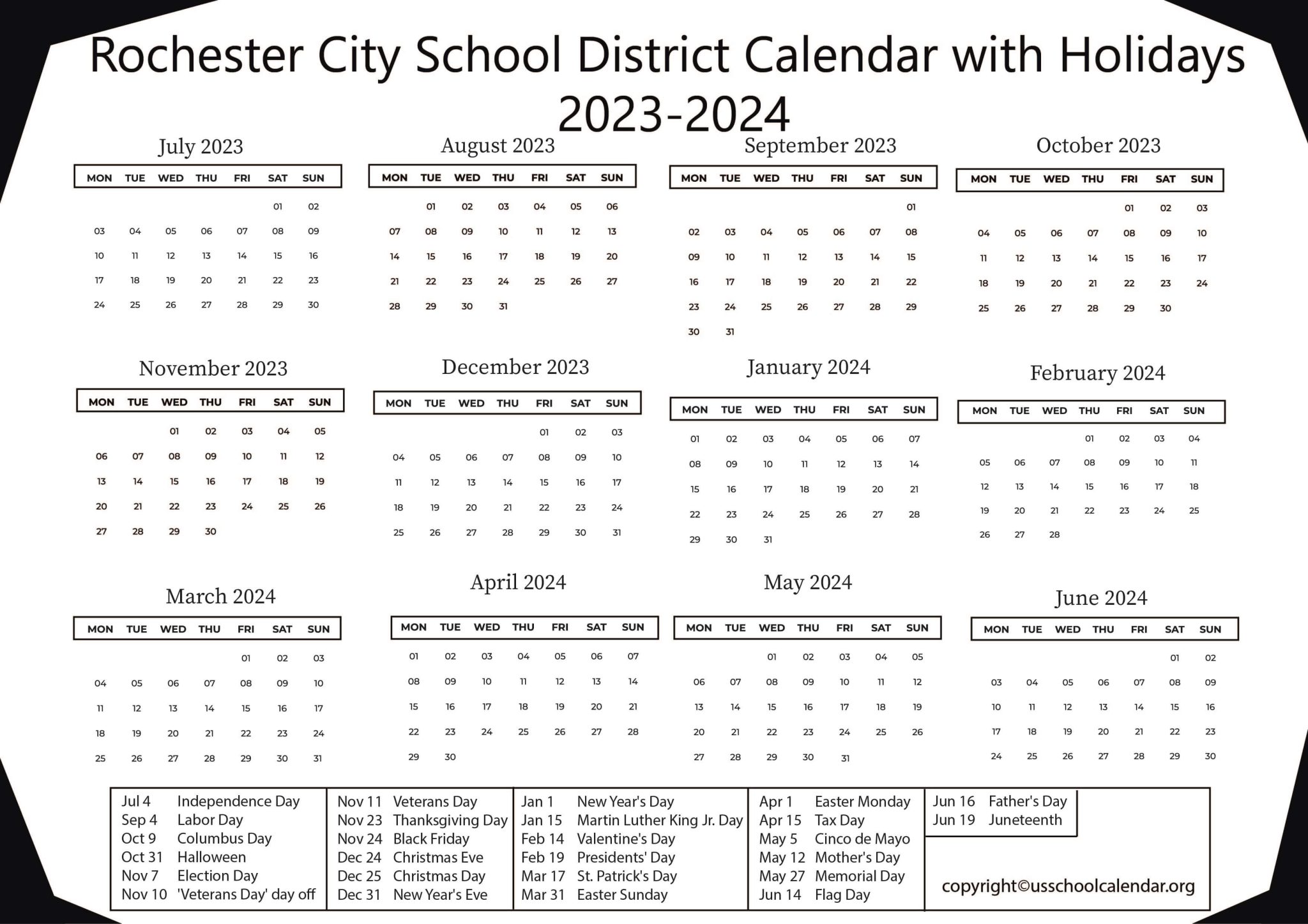 Rochester City School District Calendar with Holidays 20232024
