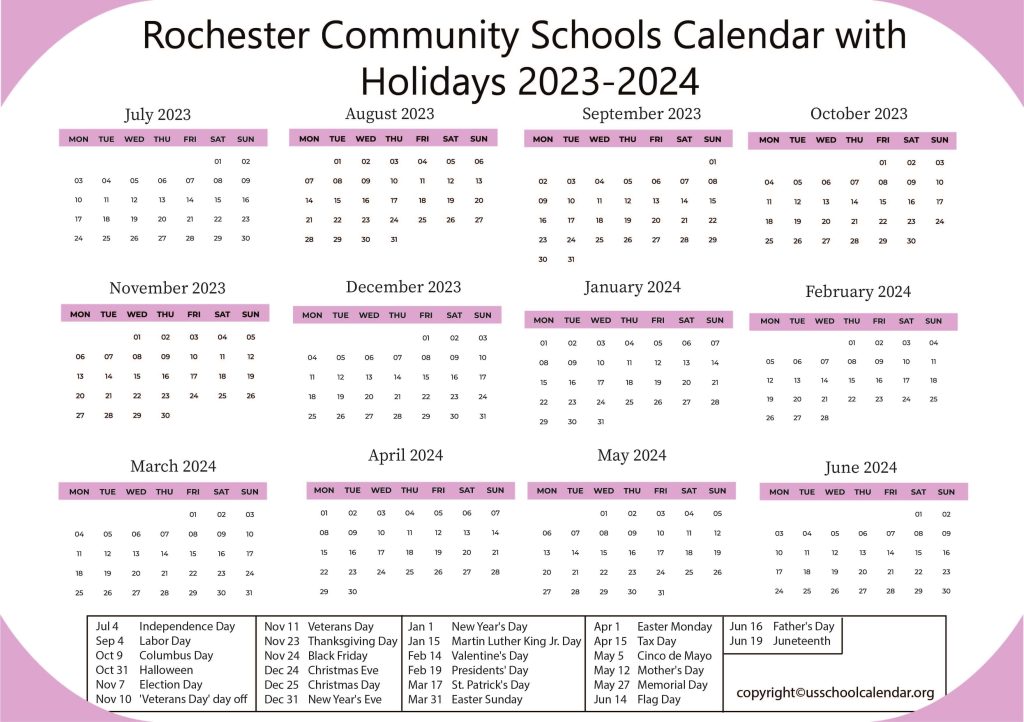 Rochester Community Schools Calendar with Holidays 2023-2024