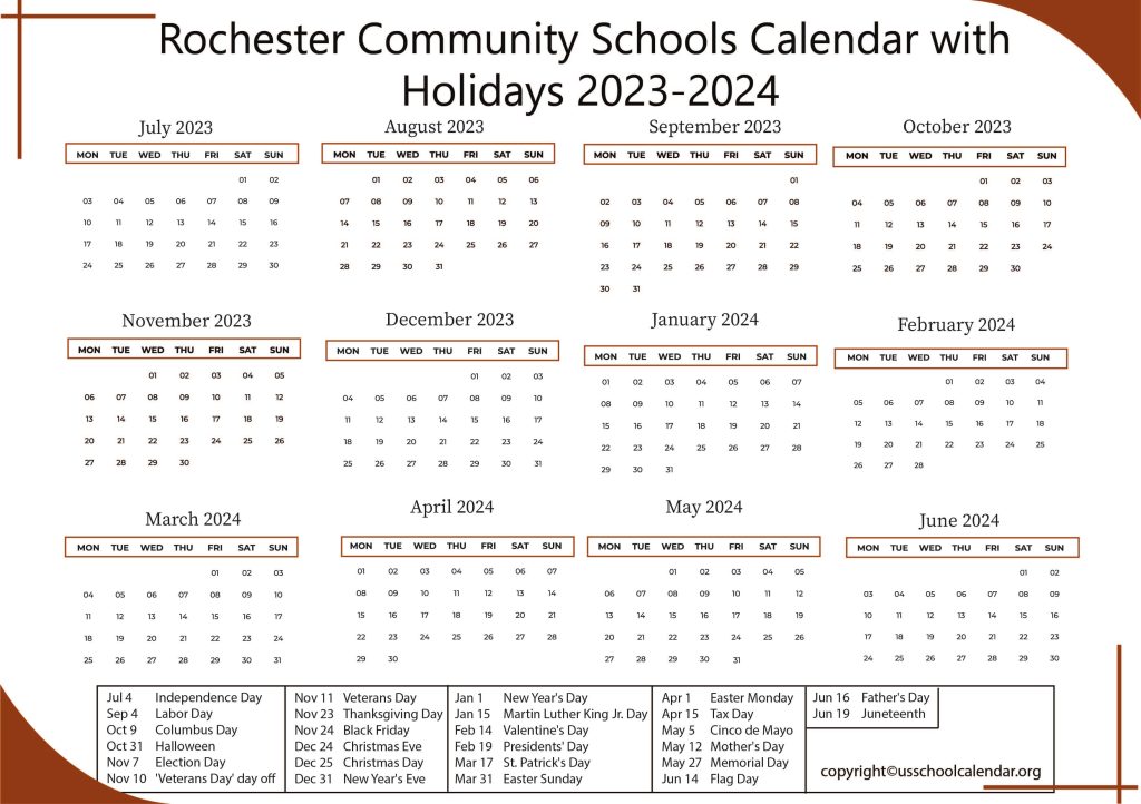 Rochester Community Schools Calendar with Holidays 2023-2024 2