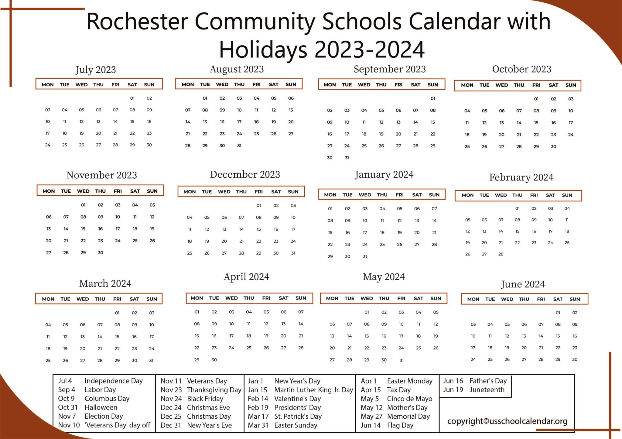 Rochester Community Schools Calendar with Holidays 2023-2024