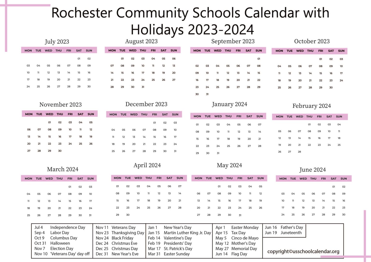 Rochester Community Schools Calendar with Holidays 2023 2024