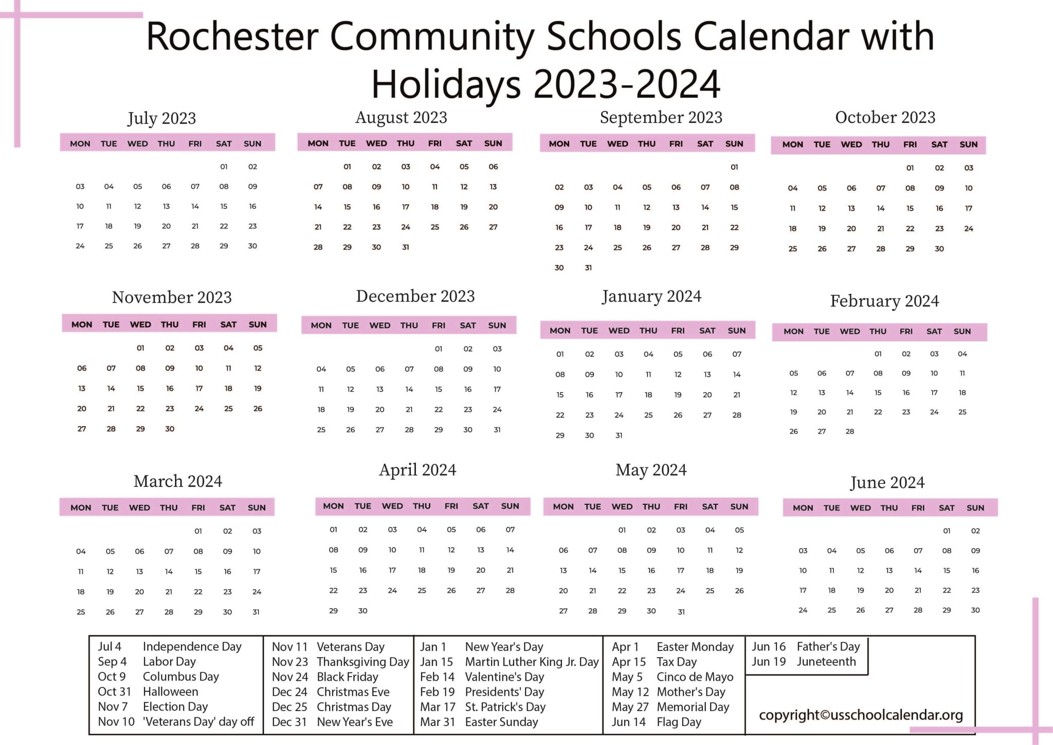 Rochester Community Schools Calendar with Holidays 2023-2024