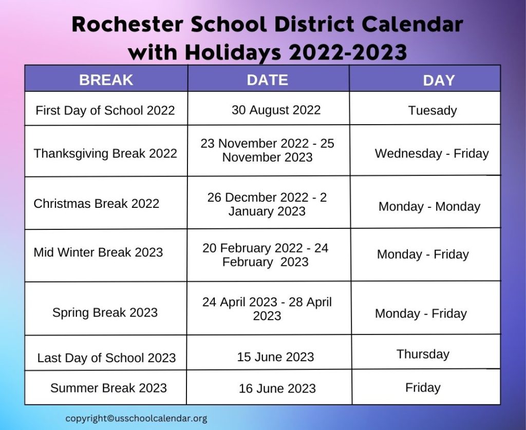 Rochester School District Calendar with Holidays 2022-2023