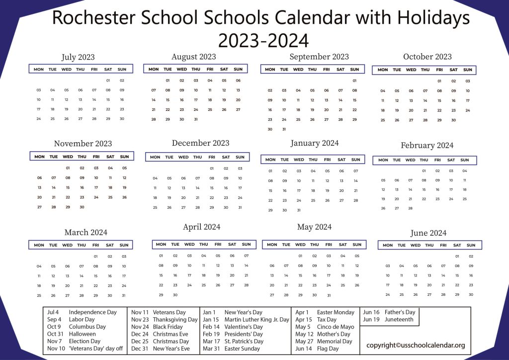 Rochester School Schools Calendar with Holidays 2023-2024