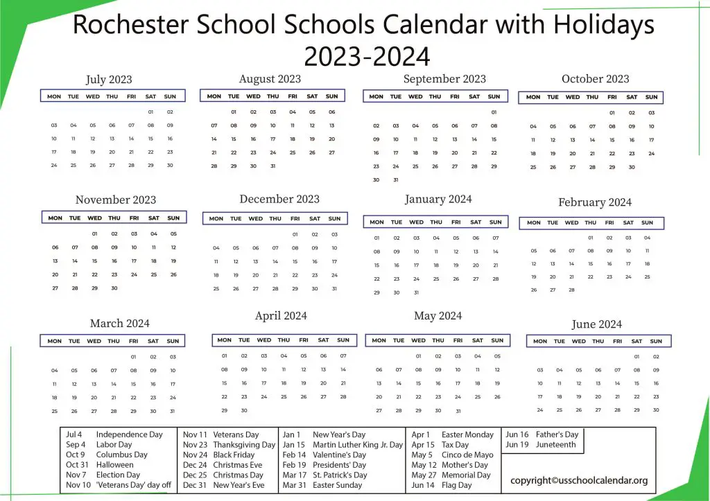 Rochester School Schools Calendar with Holidays 2023-2024 2