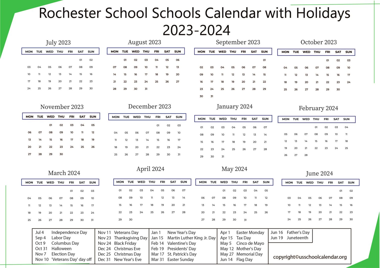 Rochester School Schools Calendar with Holidays 20232024