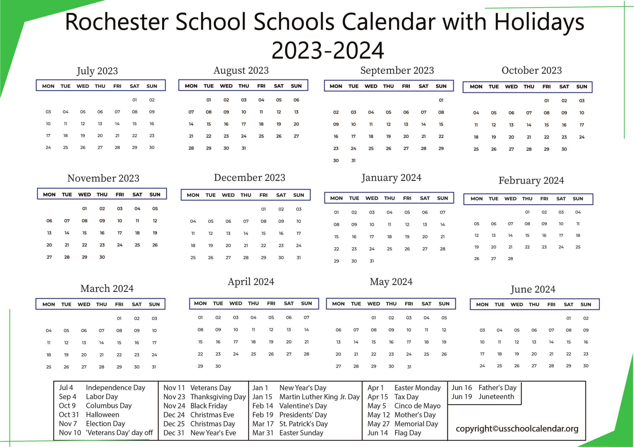 Rochester School Schools Calendar with Holidays 20232024