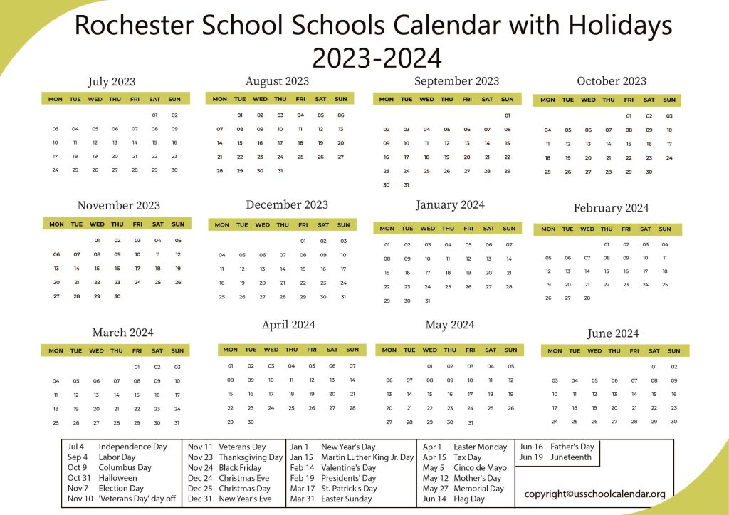 Rochester School Schools Calendar with Holidays 2023-2024 3
