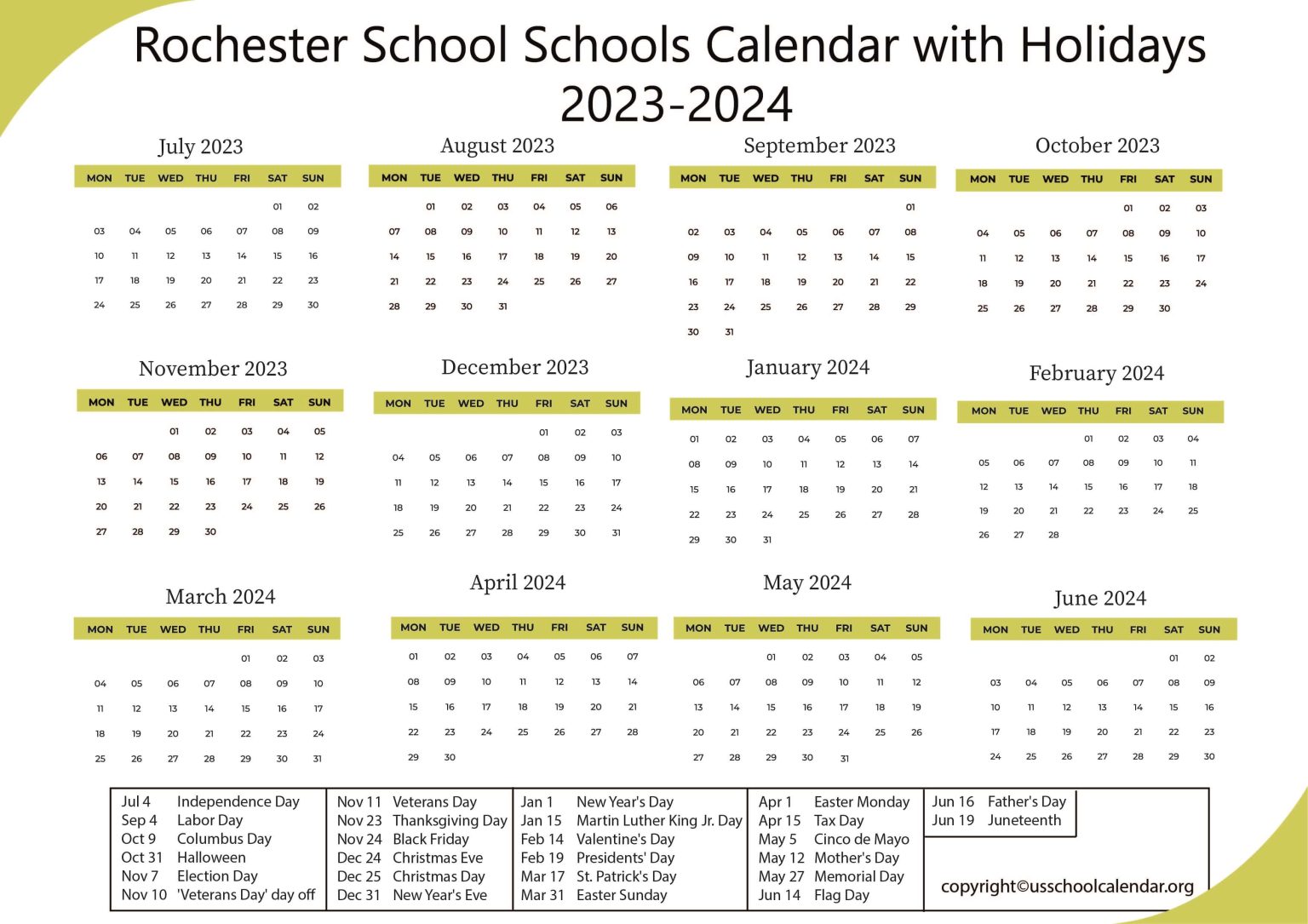 Rochester School Schools Calendar With Holidays 2023 2024