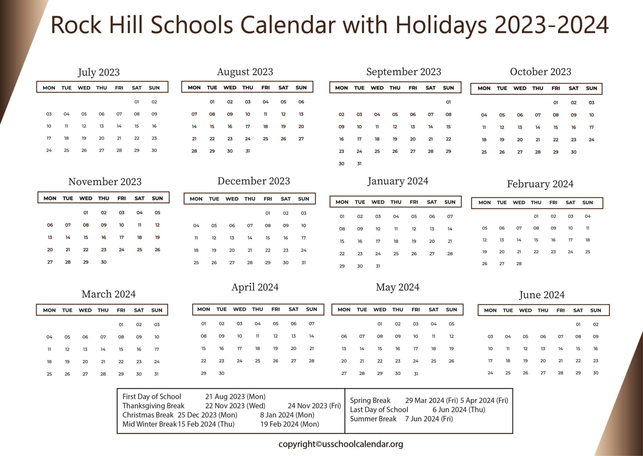 Rock Hill Schools Calendar with Holidays 20232024