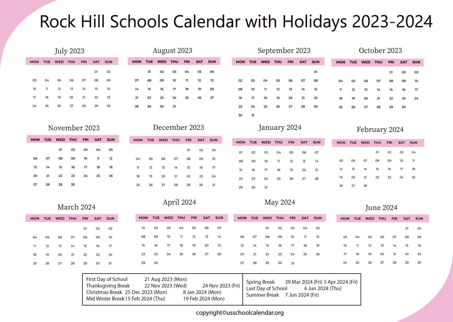 Rock Hill Schools Calendar with Holidays 20232024