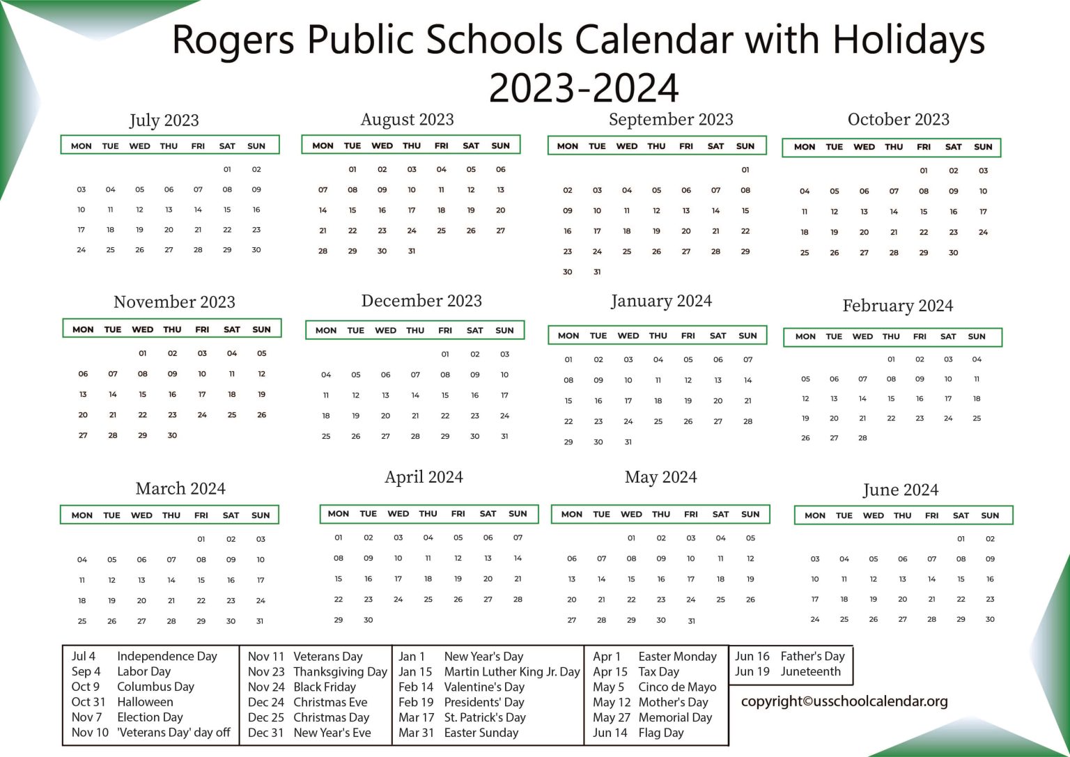 Rogers Public Schools Calendar with Holidays 20232024