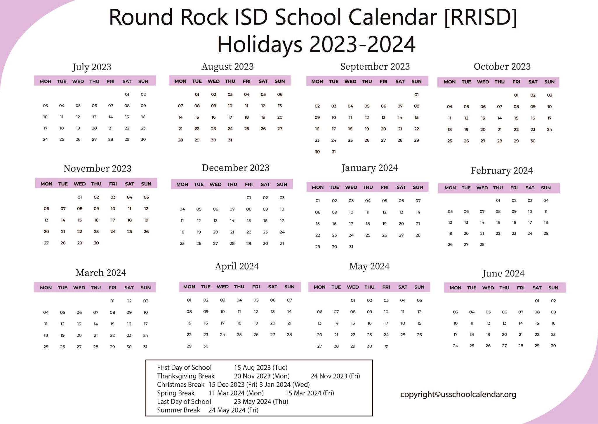 Round Rock ISD School Calendar [RRISD] Holidays 20232024