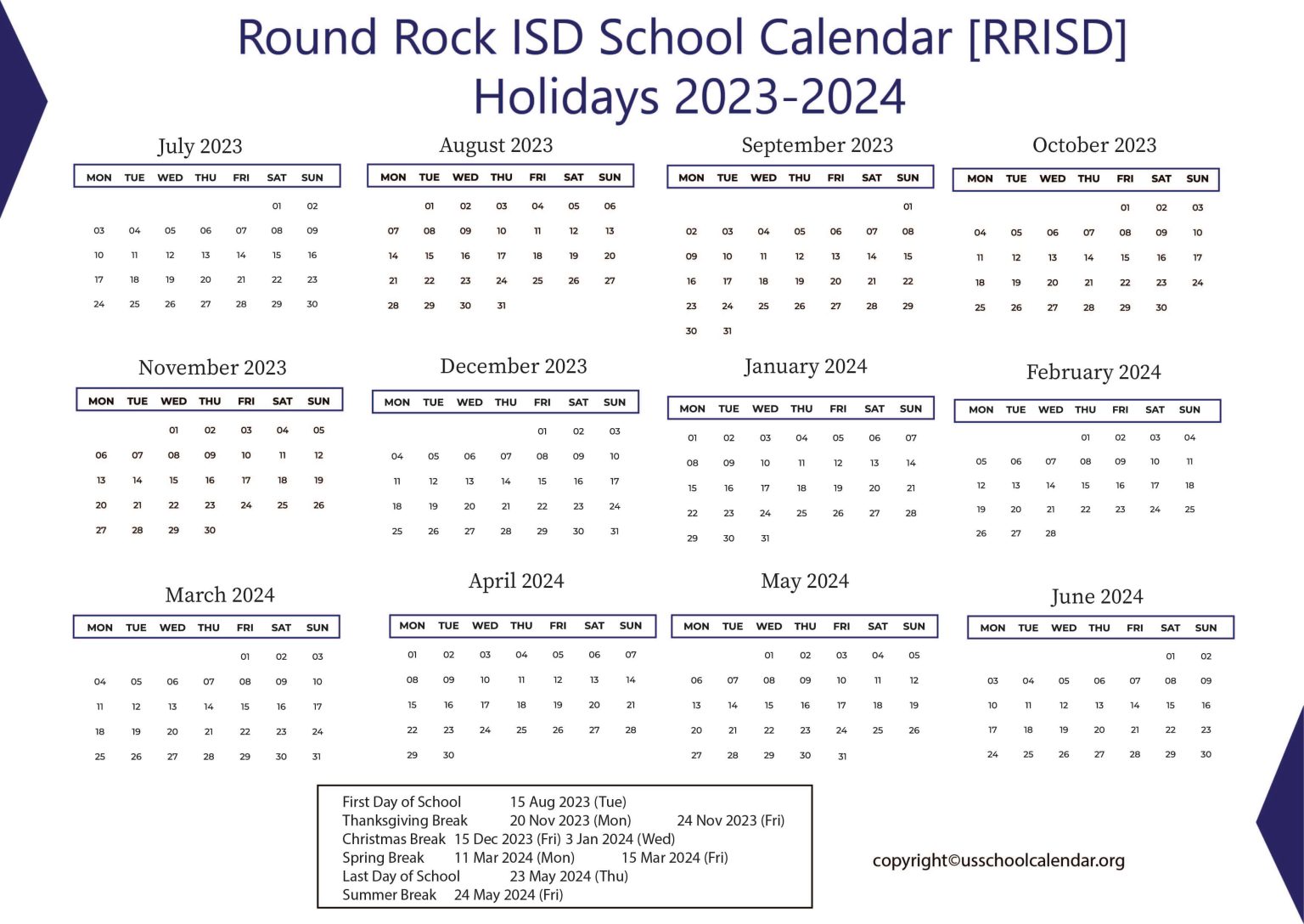 Round Rock ISD School Calendar [RRISD] Holidays 20232024