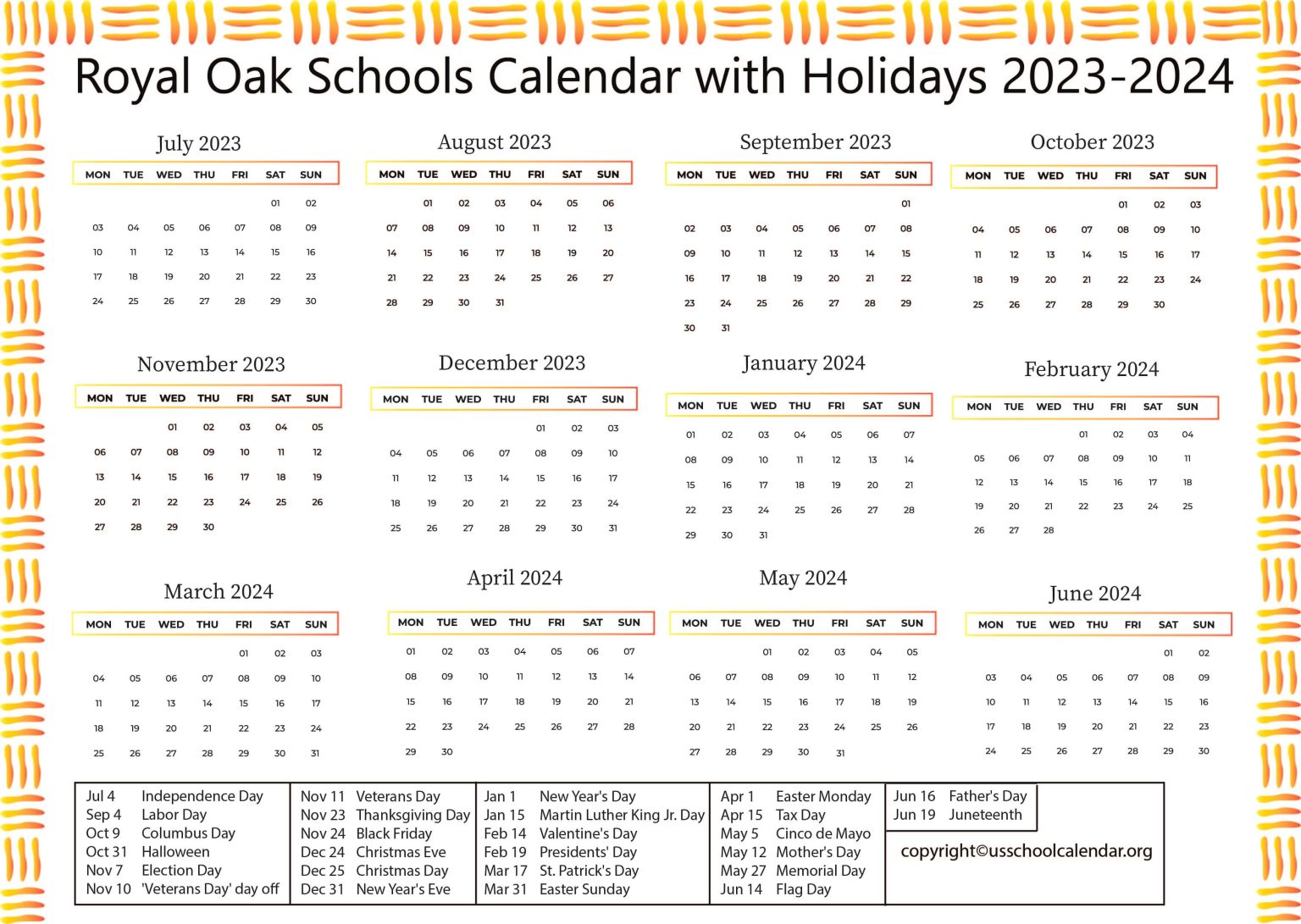 Royal Oak Schools Calendar with Holidays 20232024
