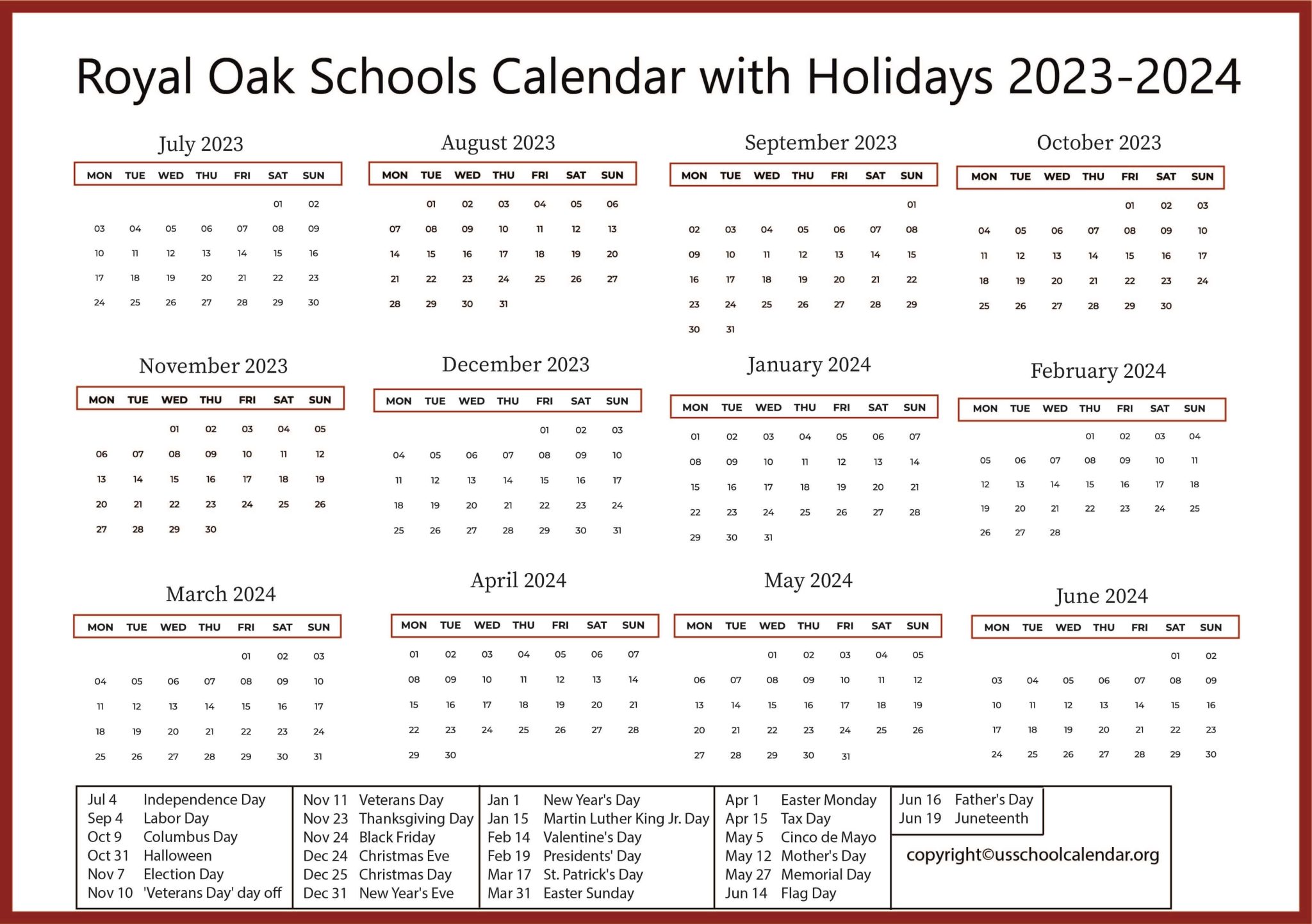 Royal Oak Schools Calendar with Holidays 20232024