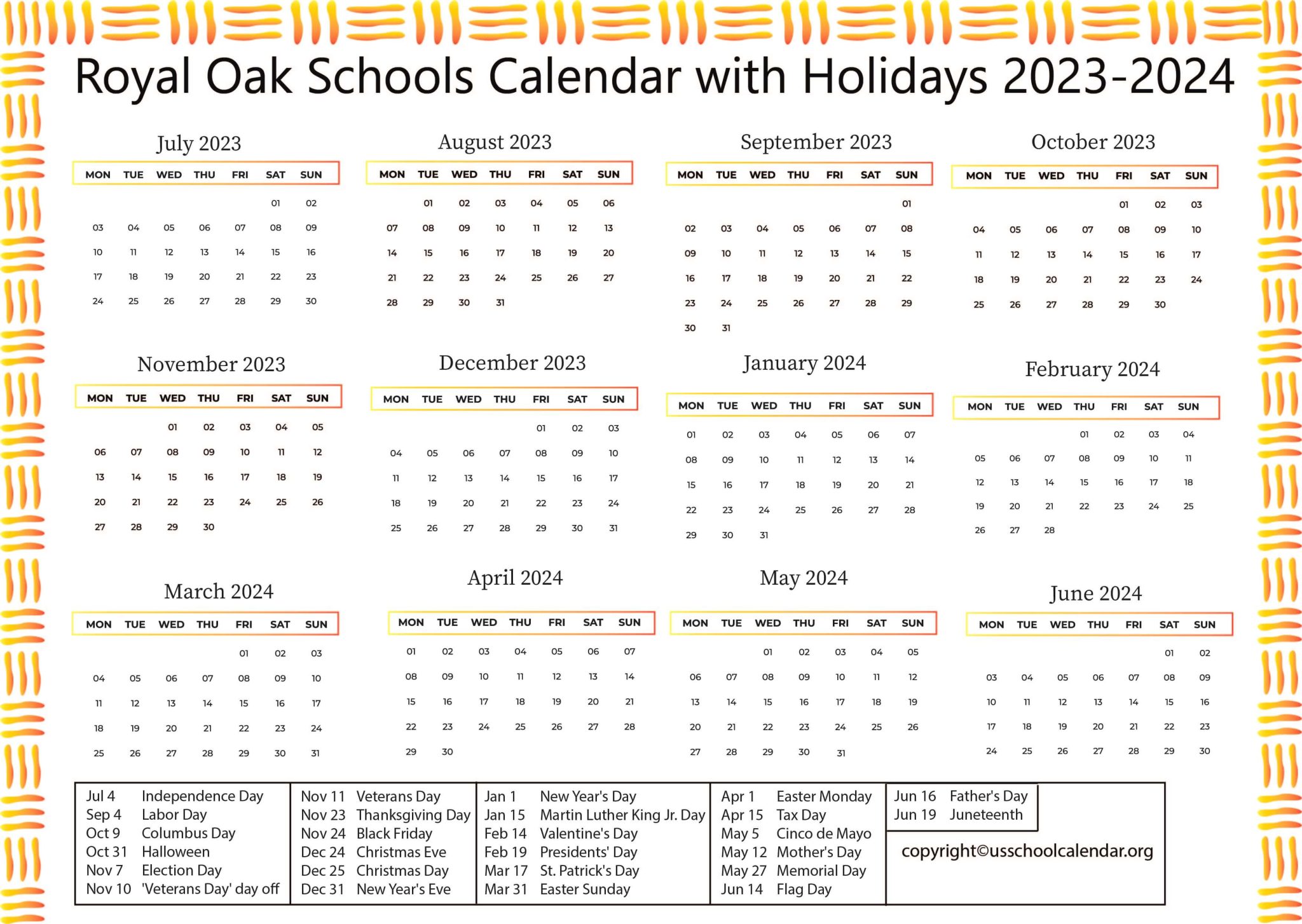 Royal Oak Schools Calendar with Holidays 20232024