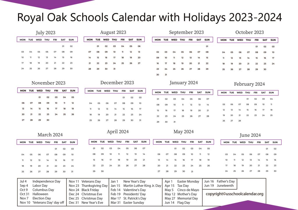 Royal Oak Schools Calendar