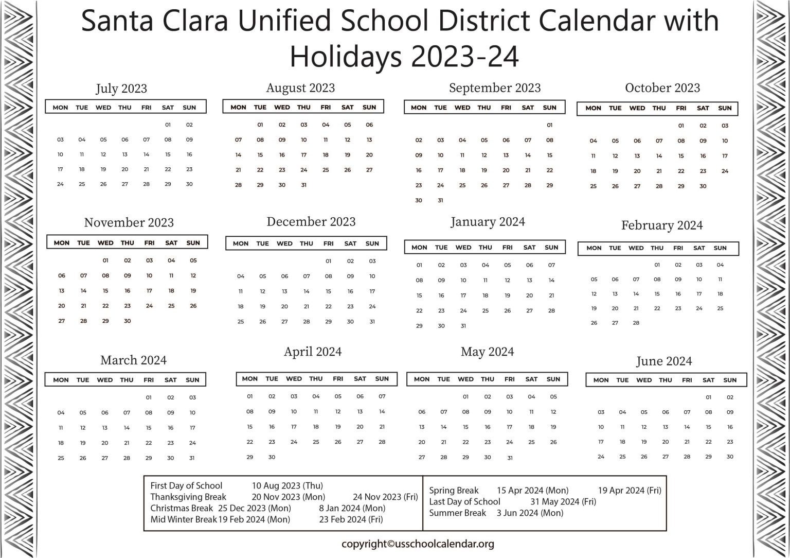 Santa Clara Unified School District Calendar with Holidays 202324