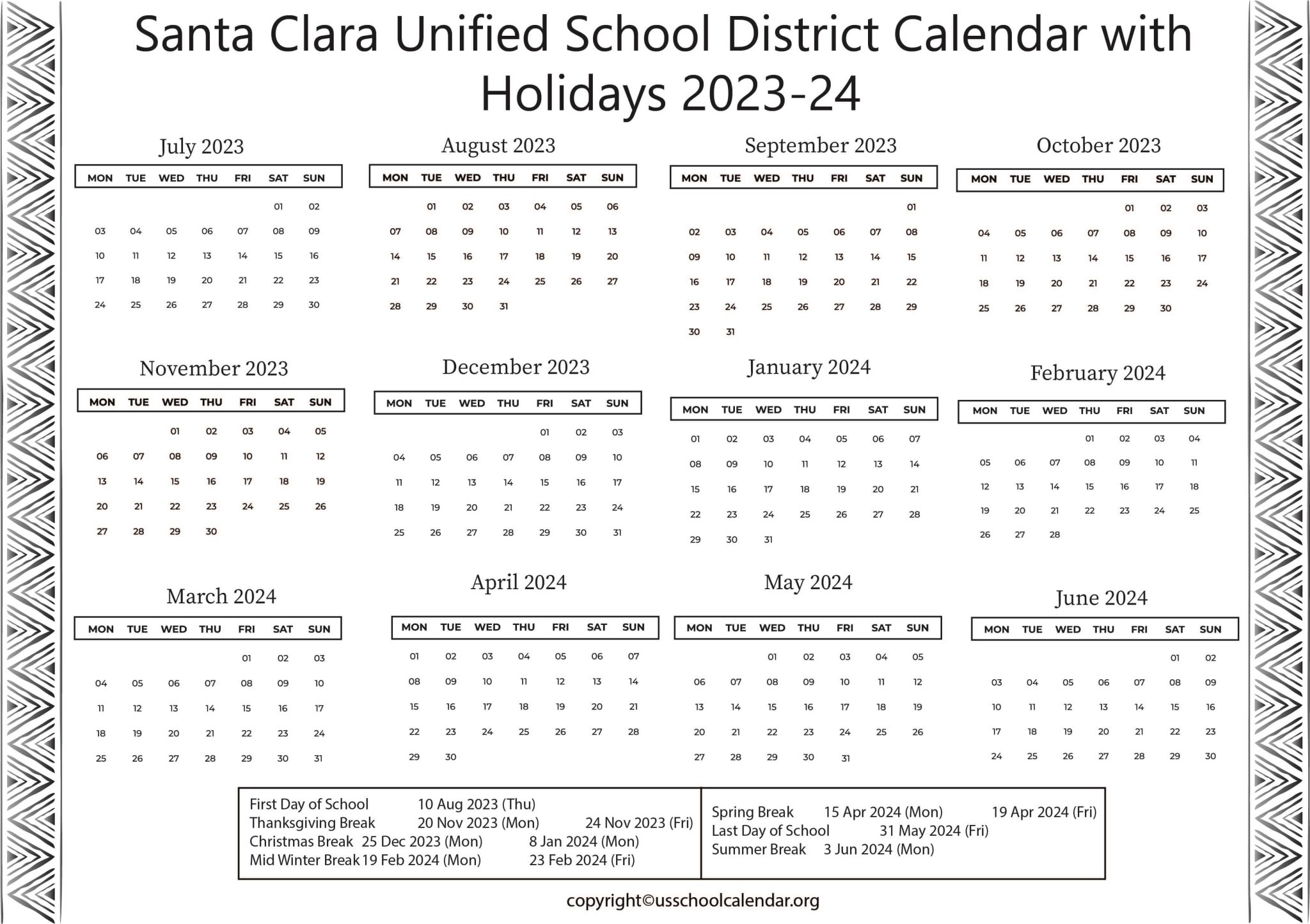 Santa Clara Unified School District Calendar with Holidays 2023 24