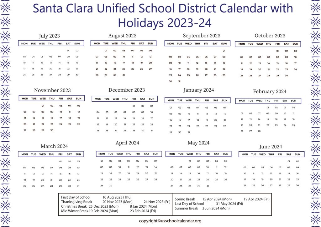 Santa Clara Unified School District Calendar
