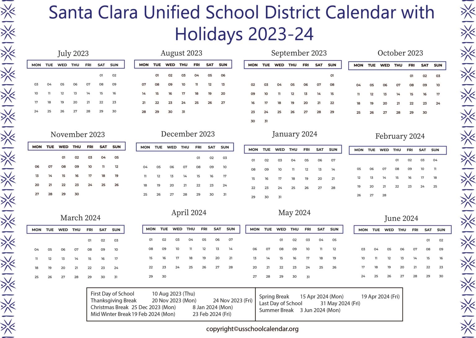 Santa Clara Unified School District Calendar with Holidays 202324
