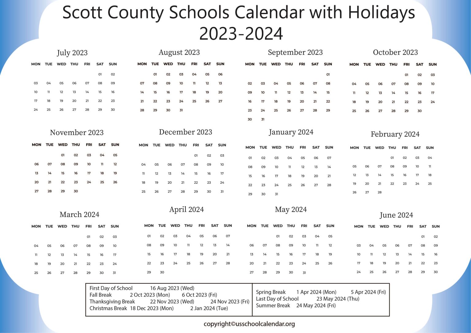 Scott County Schools Calendar with Holidays 2023 2024