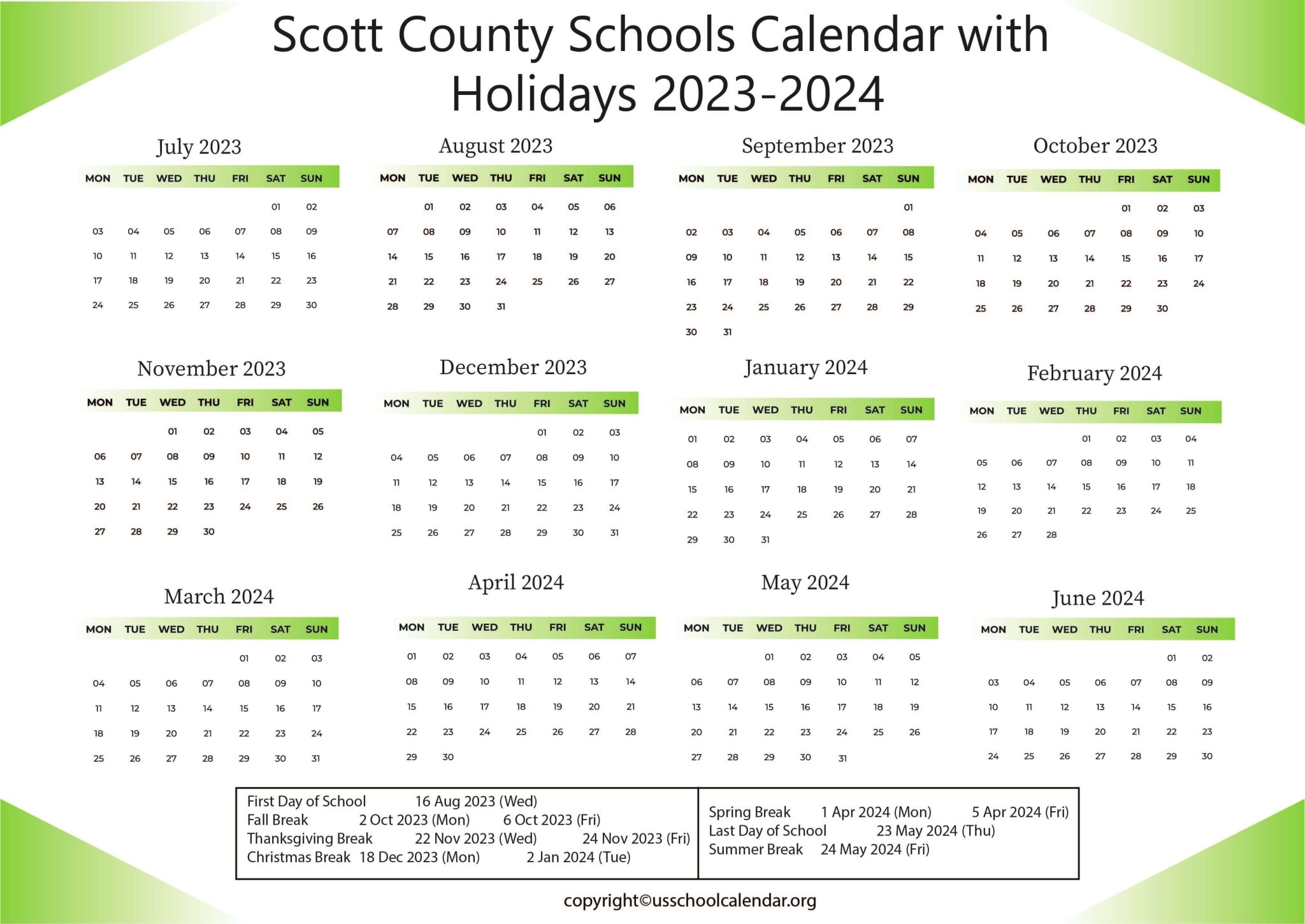 Scott County Schools Calendar with Holidays 20232024