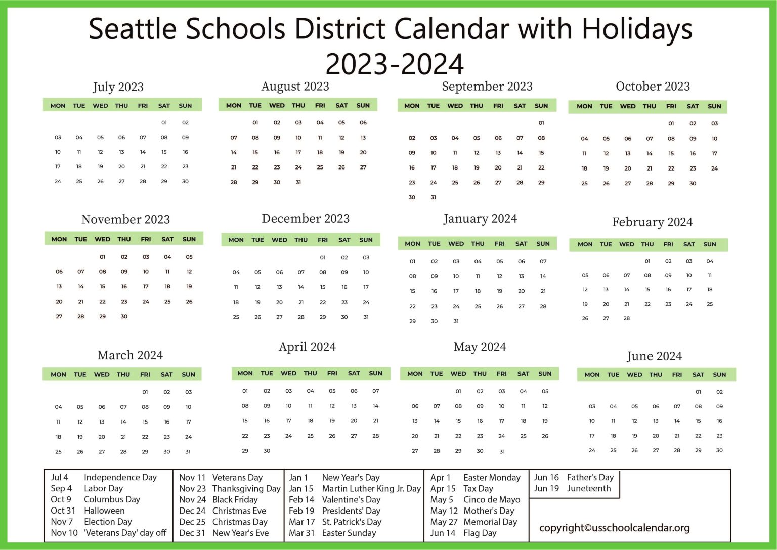 Seattle Schools District Calendar with Holidays 20232024