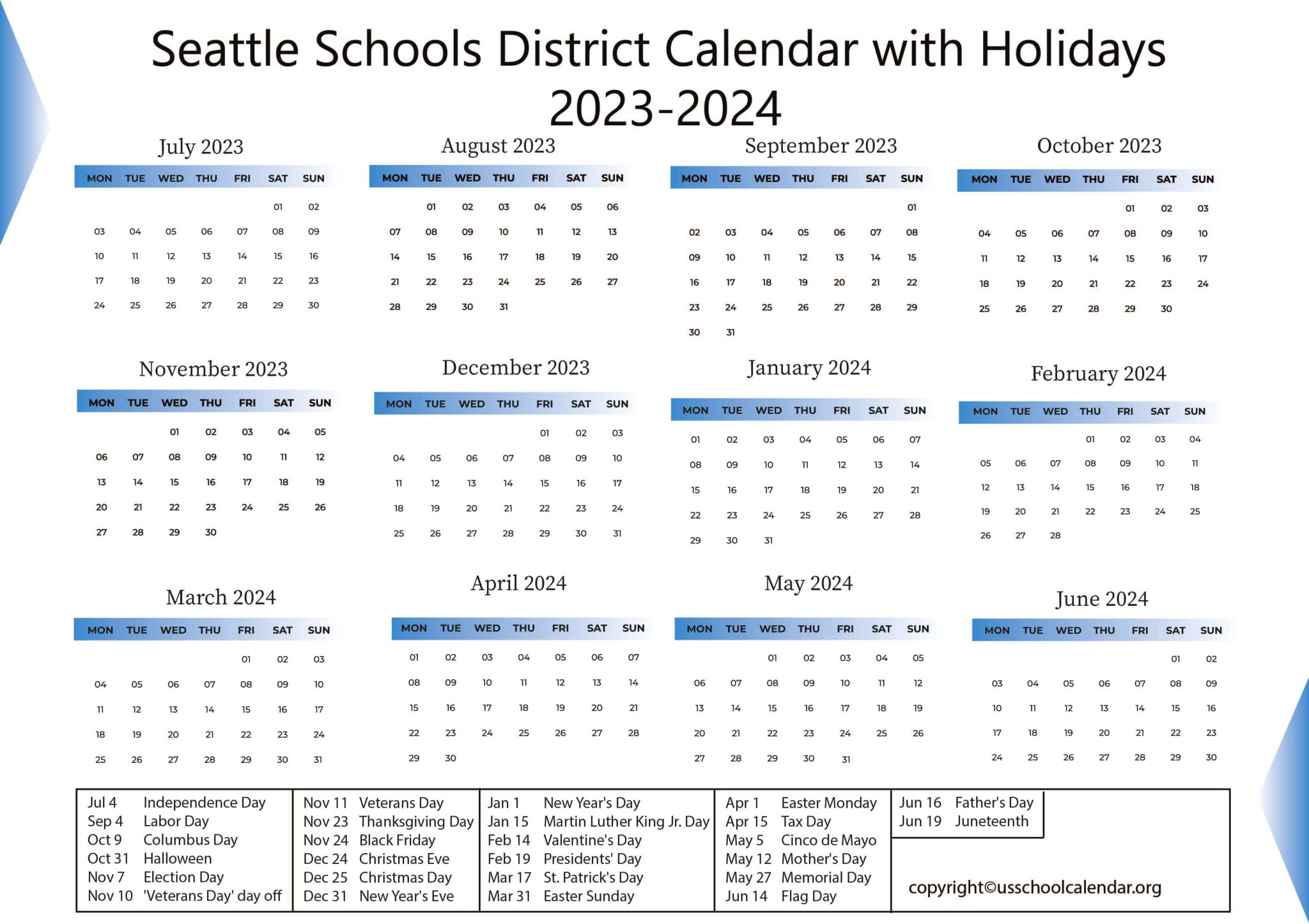 Seattle Schools District Calendar with Holidays 20232024