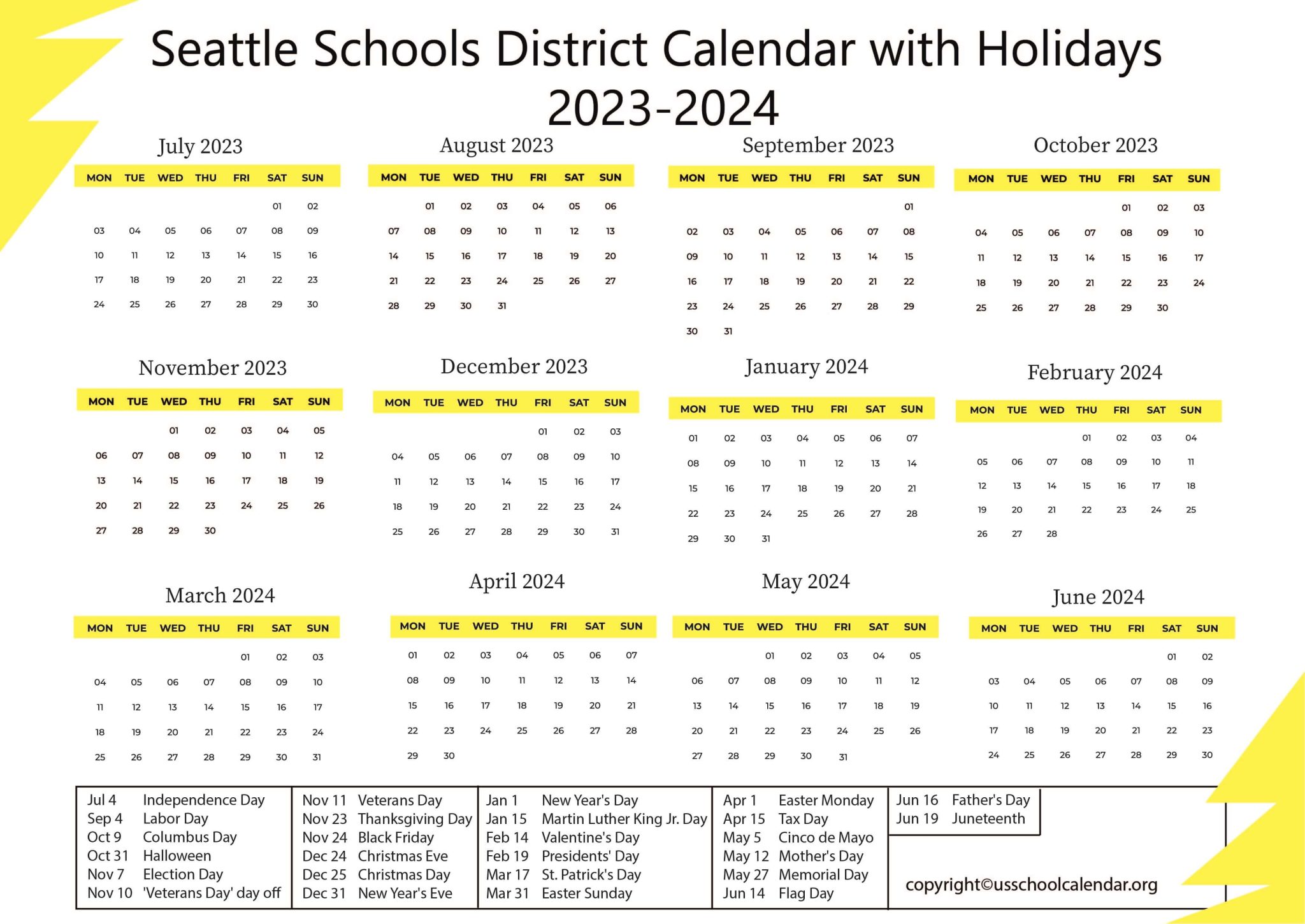 Seattle Schools District Calendar with Holidays 20232024