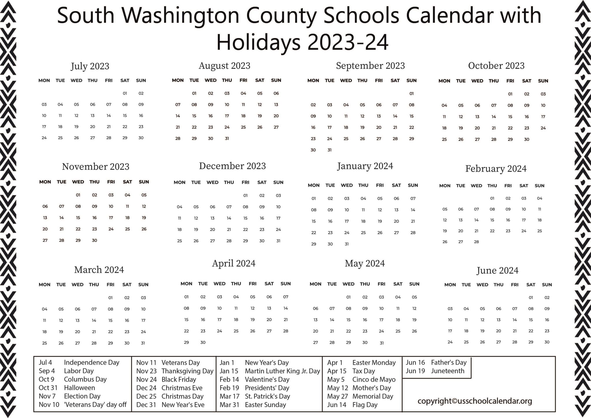 South Washington County Schools Calendar with Holidays 202324