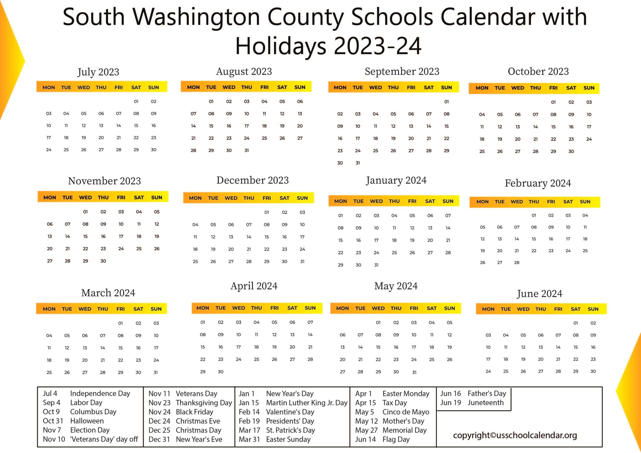 South Washington County Schools Calendar with Holidays 202324