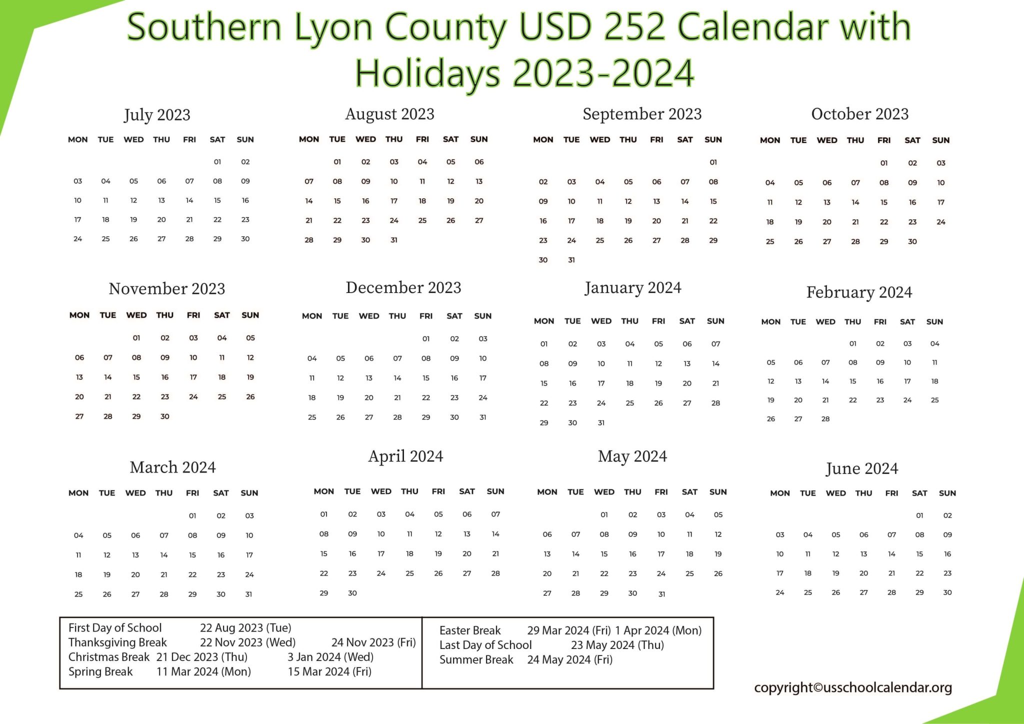 Southern Lyon County USD 252 Calendar with Holidays 20232024