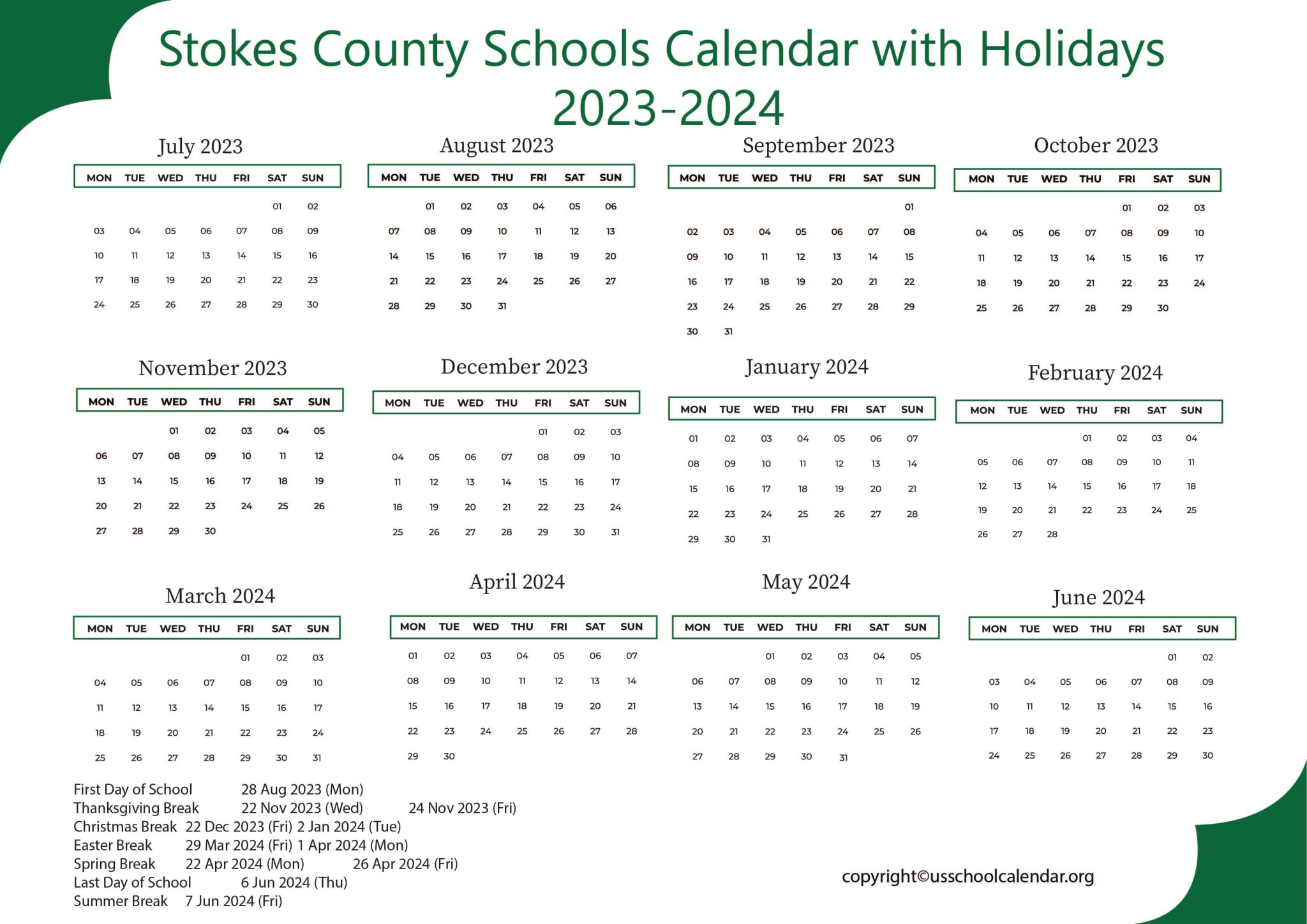 Stokes County Schools Calendar with Holidays 20232024