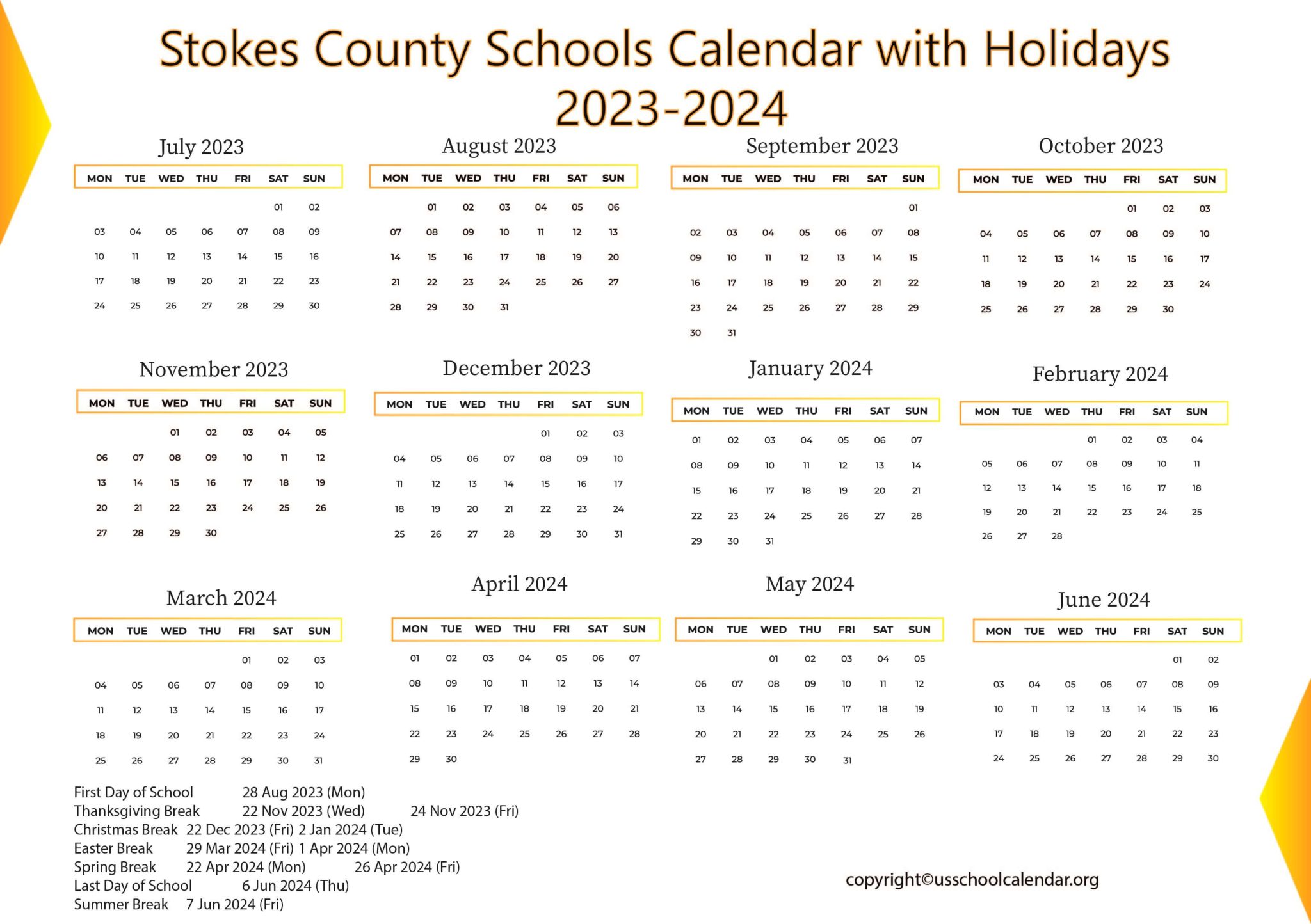 Stokes County Schools Calendar with Holidays 20232024