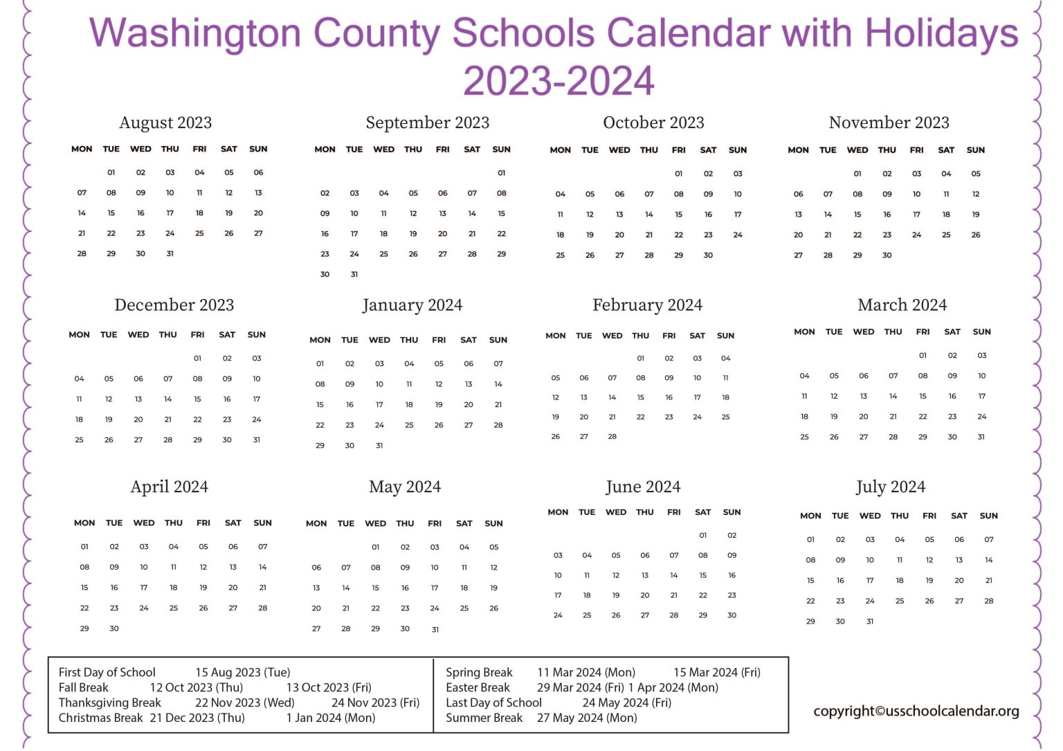 Washington County Schools Calendar with Holidays 20232024