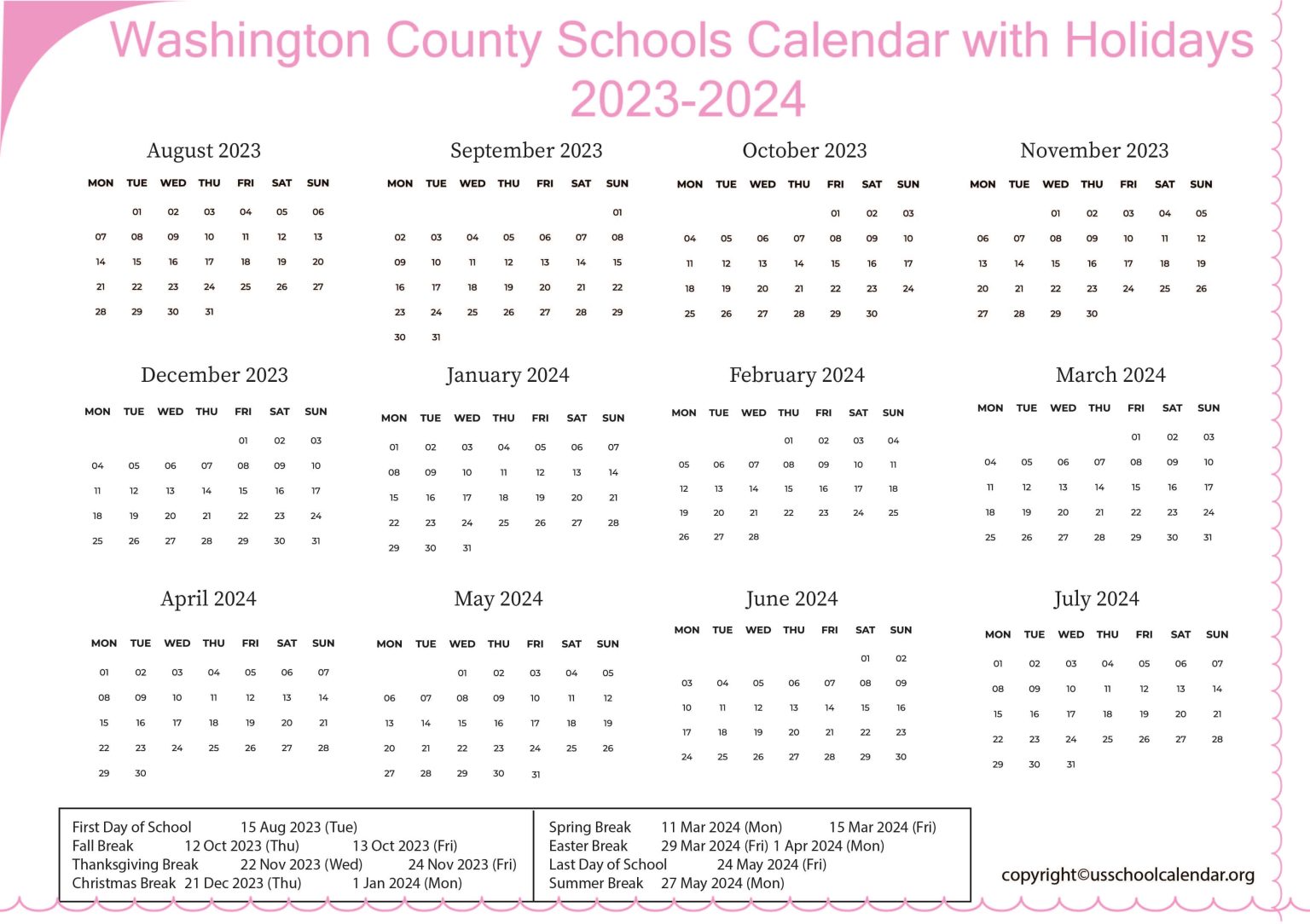 Washington County Schools Calendar with Holidays 20232024