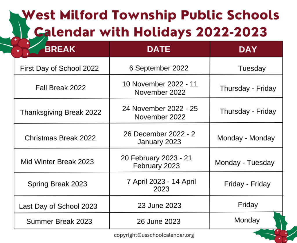 West Milford Township Public Schools Calendar with Holidays 2022-2023