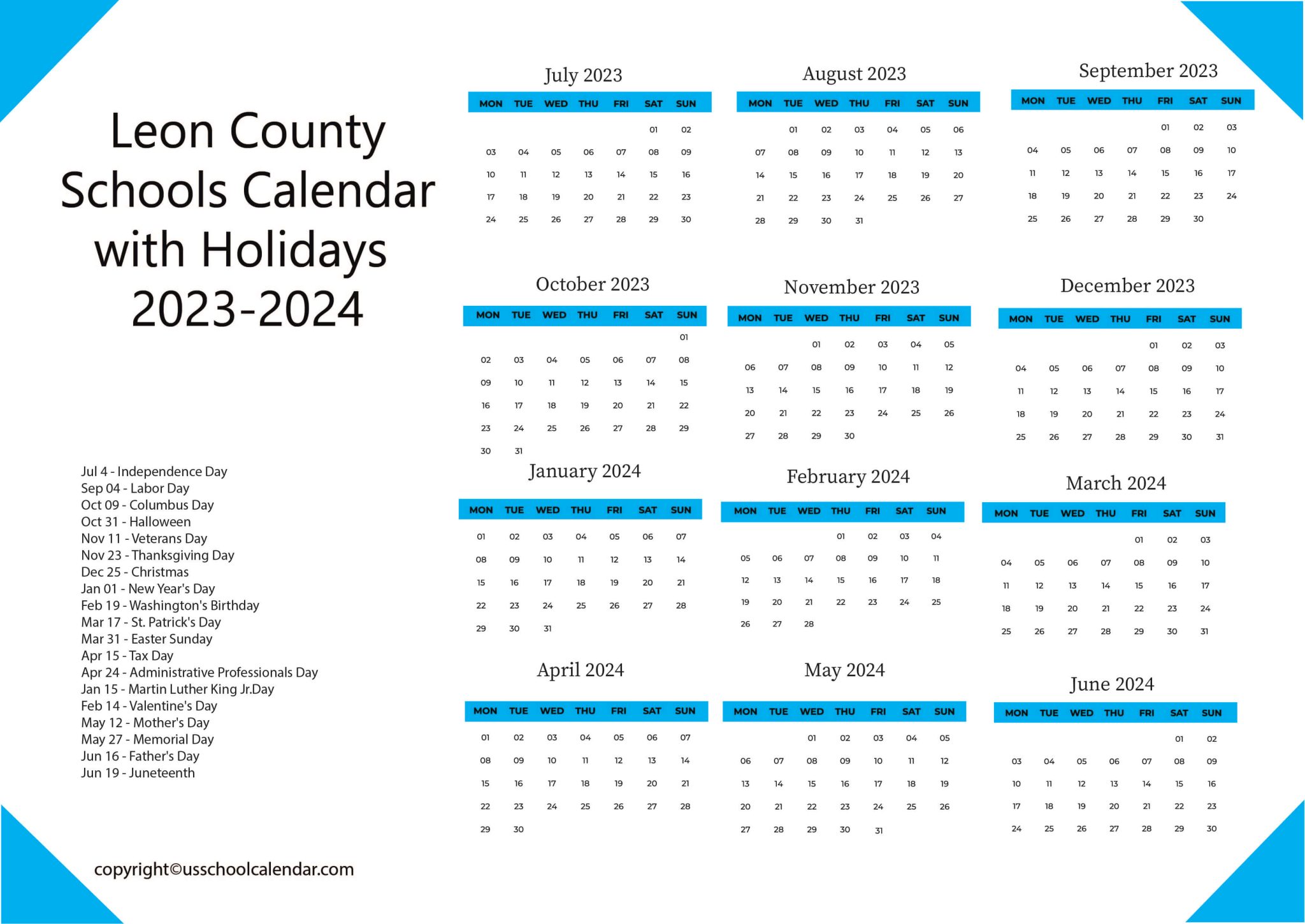 Leon County Schools Calendar with Holidays 2023 2024