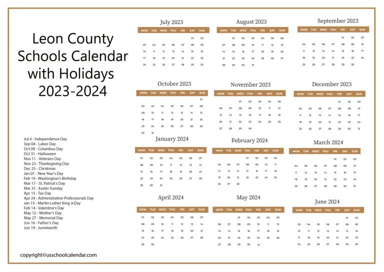 Leon County Schools Calendar with Holidays 2023 2024