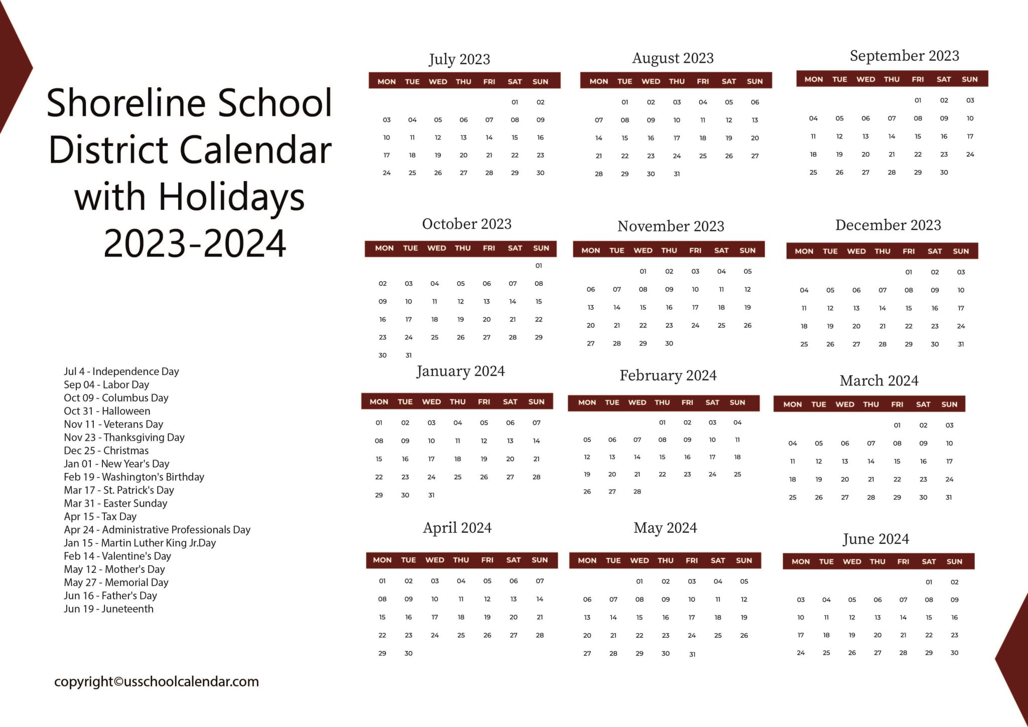 Shoreline Schools Calendar US School Calendar